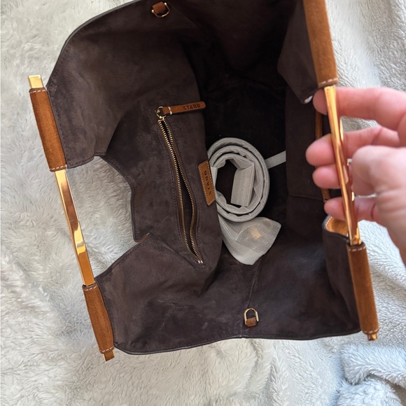 STAUD Tan Suede Shoulder Bag with Gold Handle - Picture 2 of 5